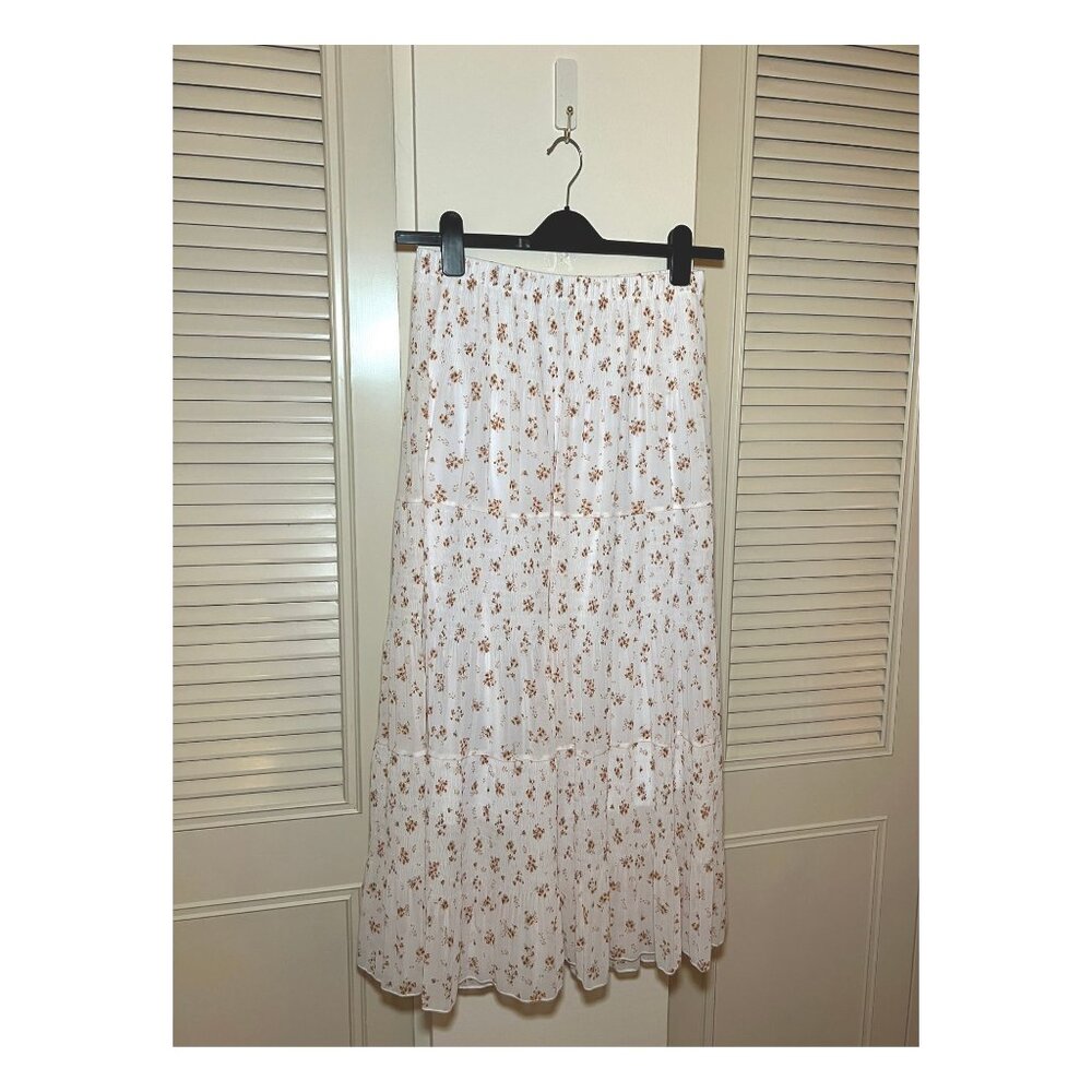 White Floral High Waisted Maxi Skirt with Elastic Waist and Pockets | Size Large